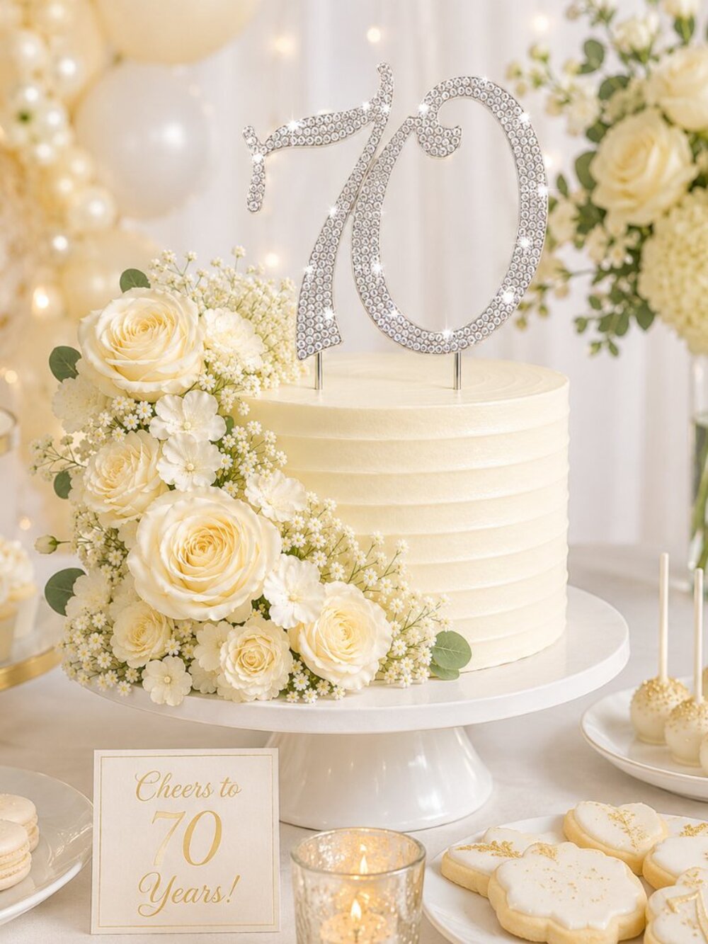 Rhinestone Cake Topper - Number 70 - Silver Metal with Czech Rhinestones